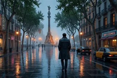 El detective Darío baja por las ramblas de Barcelona dirección a Colon