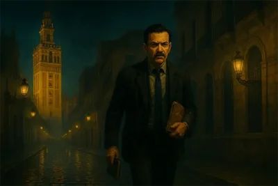 Darío en las calles de Sevilla con la Giralda al fondo