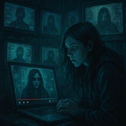 Escena tenebrosa con comentarios espectrales flotando en un blog abandonado