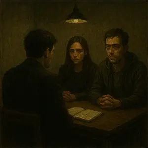 Darío frente a Guille y lucía, con una libreta abierta sobre la mesa