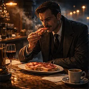 Darío sentado en la barra de un bar, muerde una torrada de pa amb tomàquet i pernil