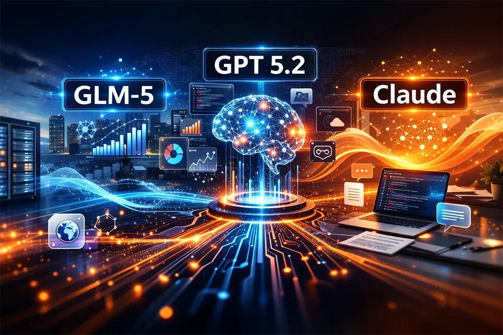 Infografía digital mostrando conceptos de IA avanzada, análisis de datos de Zhipu AI, GLM-5, GPT 5.2 y IA Claude