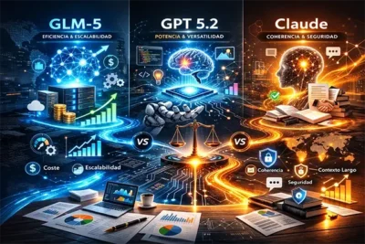 Infografía digital mostrando conceptos de IA avanzada, análisis de datos y automatización en entornos tecnológicos modernos